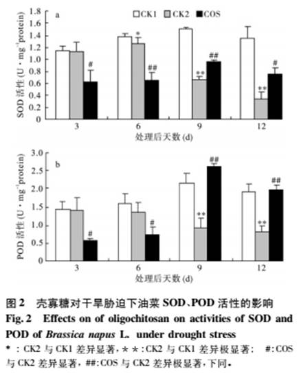 壳寡糖对干旱胁迫下油菜叶相对含水量以及SOD和POD的影响(图2)
